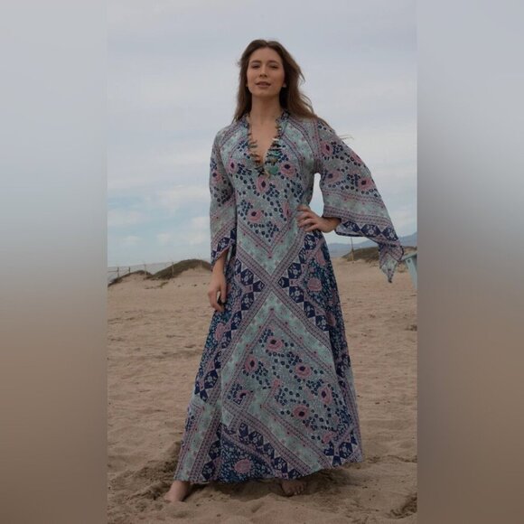 BLUE BOHEME Audrey Printed Maxi kaftan  Dress Butterfly Sleeves  brown large - Picture 13 of 13